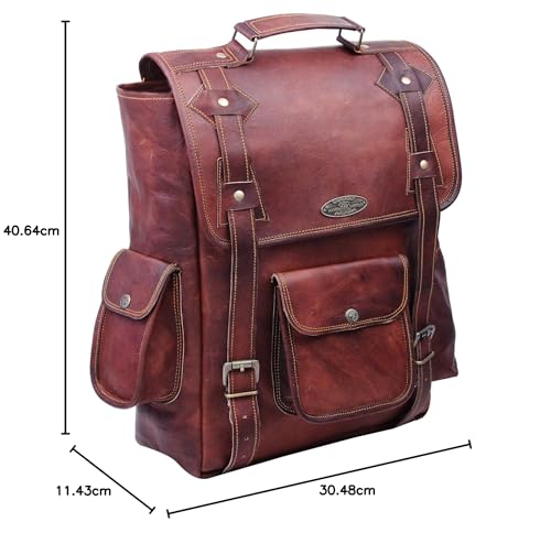HULSH Handgefertigter 40,6 cm großer brauner Leder-Rucksack für Herren im Vintage-Stil, einfach zu öffnen, mit Push-Lock-Verschluss Damen und | Laptop-Rucksack aus Leder gepolstertem Laptopfach