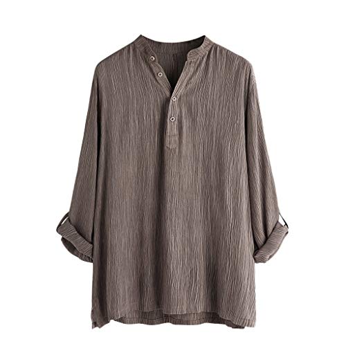 Gusspower Camiseta para Hombre,Camisa Verano Algodón y Lino Blusa Suelta Casual Transpirable Top Plisado de Manga Larga Plegable Botones Camisas Cuello-V de Color Sólido Tallas Grandes Blusas
