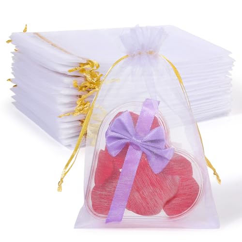 Image of 100PCS Premium White Organza Bags with Gold Drawstring, 4x6inch Wedding Favor Gift Bags, Mesh Pouch for Jewelry, Party, Christmas, Festival, Bathroom Soaps, Makeup Organza, Wrapping Supplie