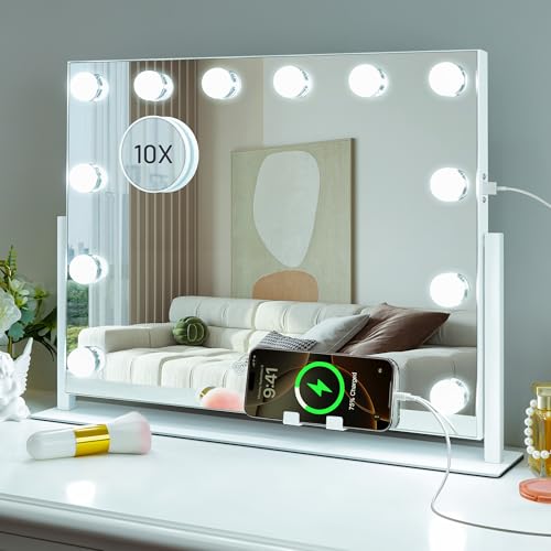 Kottova Vanity Mirror with Lights, LED Makeup Mirror, Lighted Makeup Mirror with 10X Zoom Mirror, Smart Touch 3 Colors Dimmable,360° Rotation,Suitable for Vanity Desk & Tabletop, White(19.6"x15.7")