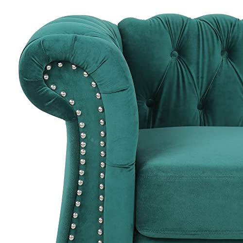 Image of Chesterfield Loveseat, Modern Velvet Sofa Tufted Couch 2 Seater with Scroll Arms and Nailhead for Living Room, Bedroom, Office, Apartment (Green)
