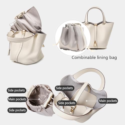 Genuine Leather Lock Design Bucket Bag Vegetable Basket, Fashionable and Versatile Shoulder Handbag4