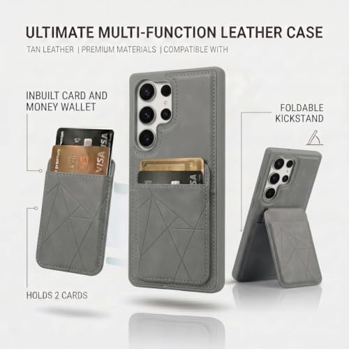 Image of amazon basics Premium Vegan Leather Back Cover with Card Holder and Integrated Mobile Stand for Samsung Galaxy S25 Ultra 5G - Slim Shockproof Wallet Case with Geometric Stitching [Gray]
