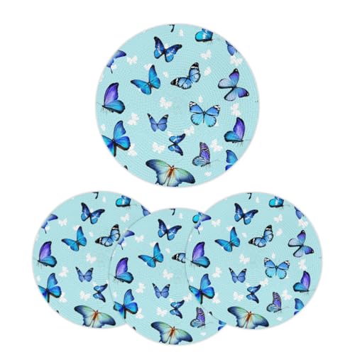 Mintoprints Juego de 4 manteles individuales redondos trenzados con diseño de mariposa azul, lavables para mesa de cocina y comedor, 38 cm