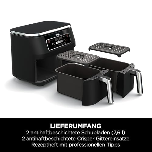 Ninja Foodi Dual Zone Airfryer Heißluftfritteuse, 2 Fächer, 7,6 l, 4-in-1, ohne Öl, Heißluftfrittieren, Max Crisp, Braten, Aufwärmen, antihaft, spülmaschinenfester Korb & Knusperblech, Schwarz AF200EU – Bild 3