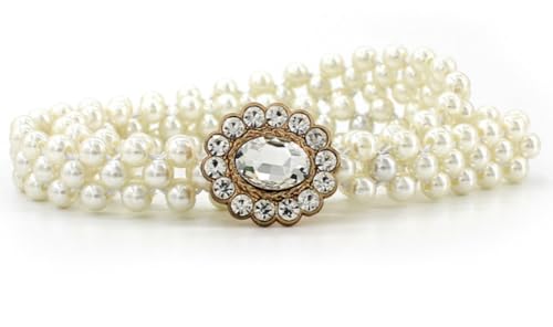 AKOAK 1 Pack Pearl Belt, Stretch Pearl Belt for Women, Wedding Bride Belt with Rhinestone Crystal Rhinestone White Waist Chain Bridesmaid Dress Belt