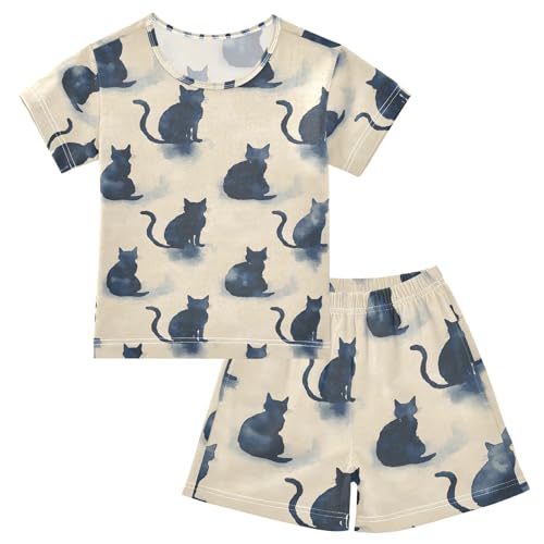ALAZA Watercolor Cat Kitten Pajamas Set Short Sleeve Cotton Sleepwear Summer Pjs 2 Piece 5-14Y