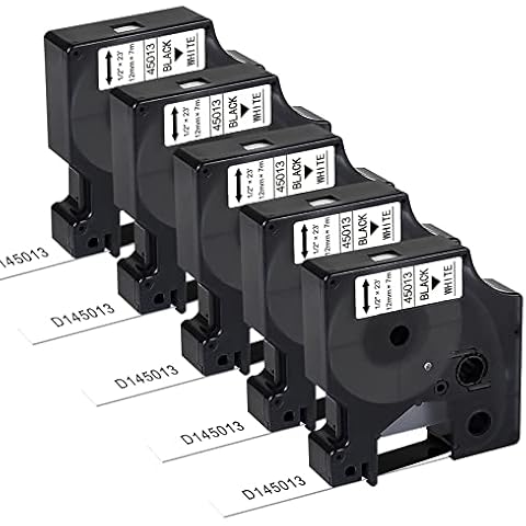 RAEMALL Label Maker Refills Replacement for DYMO D1 Label Tape 45013 A45013 S0720530 1/2 Inch Black on White Compatible with Dymo LabelManager 160 280 Portable Label Maker, 12mm 0.47 Inch, 5 Pack Cover