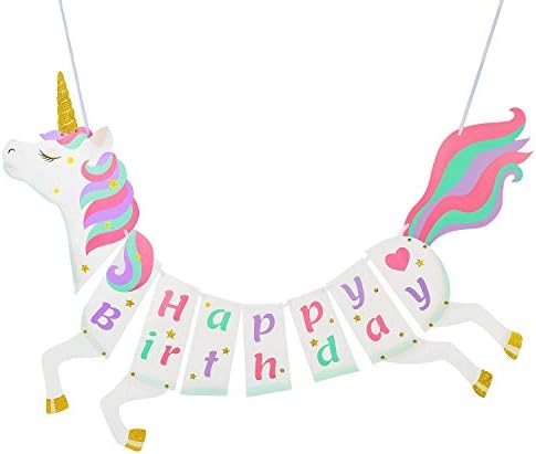 Guolz Unicorn Happy Birthday Banner - Pre-Assembled Unicorn Themed Party Supplies Decorations - Magical Pastel Design with Sparkle Gold Glitter Garland for Boy Girl Baby Party Favors