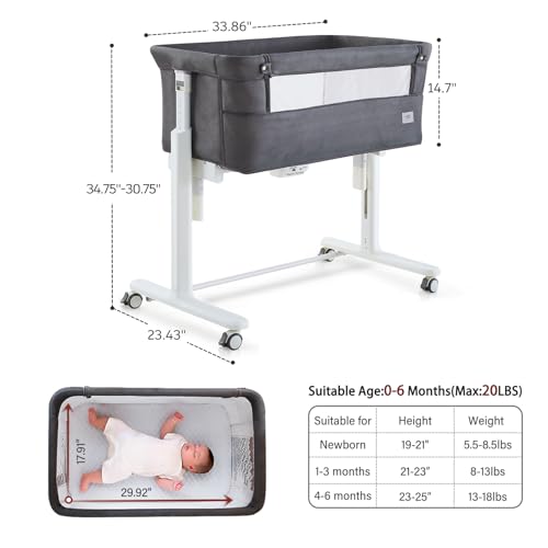 VaVaSoo Rocking Bassinet for Baby, Automatic Electric Bedside Bassinet, 5 Heights Adjustable Baby Bedside Sleeper for Infant 0-6 Months, Auto Rocking Crib on Wheels, Dark Grey