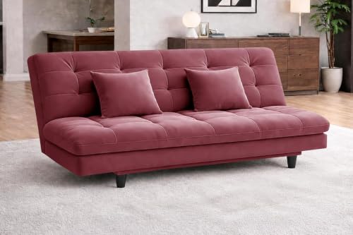 Image of Rosebell Modern Wooden 3-Seater Sofa Cum Bed Foldable Velevt Fabric Sofa for Living Room, Guest Room & Office-Rose Pink-Color