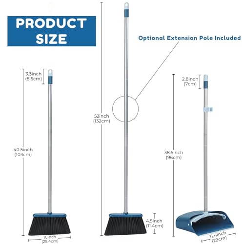 Image of TreeLen Standing Dustpan and Broom Set with 52 Inch Long Extendable Handle for Cleaning Home, Interiors, Kitchens, Office Lobby Floors, Blue