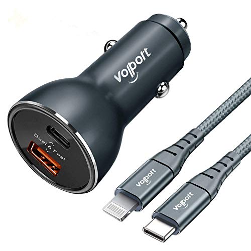 Holiday Deals 🛒 PD Fast Charging Car Charger with MFi Certified USB C Lightning Cable Carplay Cord 3.3ft, VOLPORT Auto Quick Adapter 18W Car Charger Power Delivery for iPhone 13/12/11 Pro Max Xs Max XR X 8 Plus iPad
