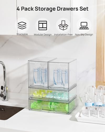 Image of Vtopmart 8 Pack Stackable Storage Drawers Set, Clear Plastic Organizer Bins for Baby Bottle, Beauty Supplies Storage, Ideal for Kichen Countertop, Vanity, Bathroom, Cabinet, Pantry Organization