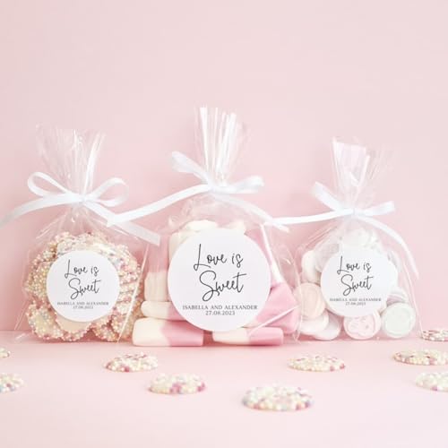 100pcs Personalised Love is Sweet Wedding Favour Stickers,Custom Party Bag Label,Bridal Party Tags,Round Circle Sweet Cone Stickers,Custom Stickers (4cm)