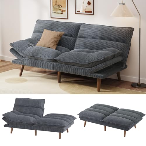 Image of Amada 66 inch Convertible Futon Sofa Bed, Corduroy Loveseat Sleeper Couch with Adjustable Backrest & Armrests, Memory Foam Folding Recliner for Living Room, Apartment, Office, Asphalt Grey