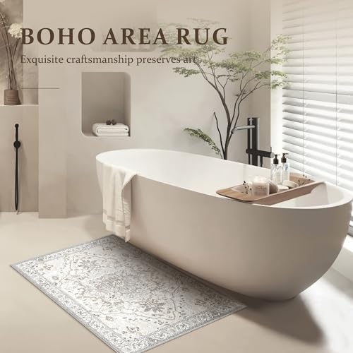 Deerly Vintage Area Rug 3x5 Small Entryway Rug Boho Thin Area Rugs for Living Room Non-Slip Lightweight Washable Rug for Kitchen Entryway Bedroom Dining Room Office, Beige/Multi