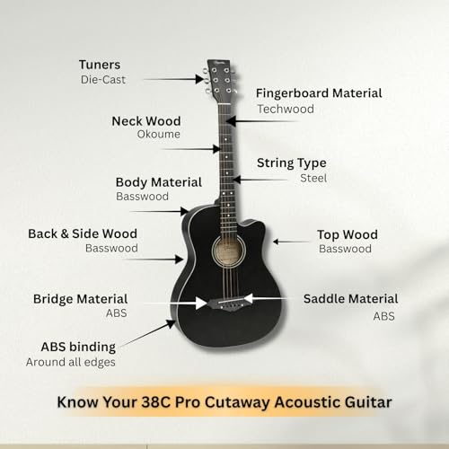 Image of Henrix 38C PRO 38 Inch Bass Wood Cutaway Acoustic Guitar With Die-Cast Tuners, Dual-Action Truss Rod, Gig-Bag, Picks, String Set, String Winder, Strap & Polishing Cloth - Black