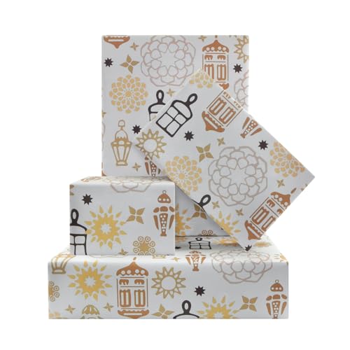 Eid Mubarak Wrapping Paper White Islamic Ramadan Gift Wrap Paper with Mandala Lantern Mosque Pattern for Eid al-Fitr Ramadan Muslim Celebration - 4 Folded Sheets 20x28 Inches