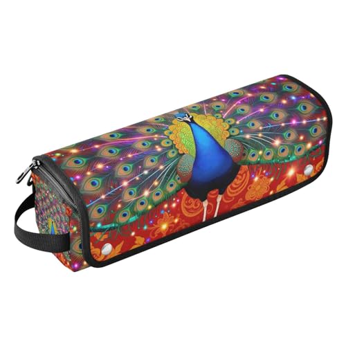 Bolsa de viaje para herramientas de cabello y tapete resistente al calor con cierre para plancha de pelo y accesorios de cuidado capilar, rojo con diseño de pavo real en foil dorado