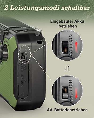PRUNUS J-369 Kurbelradio FM/AM Radio Batteriebetrieben, Solar Radio Kurbel Notfall mit 3000mAh Power Bank, Notfallradio mit SOS Alarm/Taschenlampe&Leselampe für Camping, Ourdoor, Notfall[Grün]