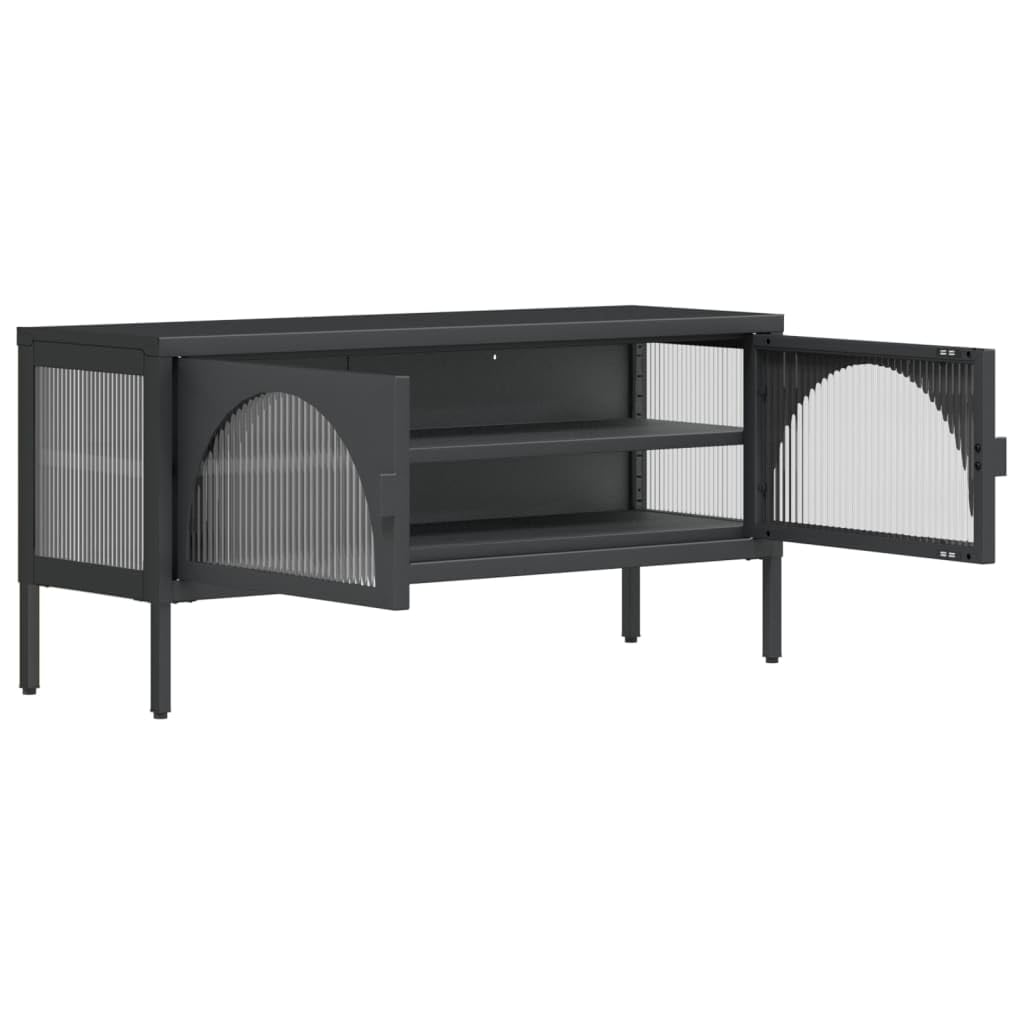 Szafka pod telewizor czarna, 105 x 35 x 50 cm, szkło ryflowane, stal malowana proszkowo, centrum rozrywki, stabilny stojak pod telewizor do salonu, sypialni