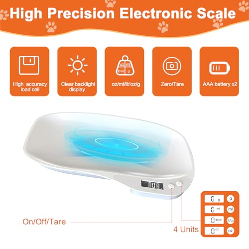 Tierwaage für Kleine Tiere, Höchstgewicht 15Kg (±1gram) LCD Digitale Katzenwaage Kleintierwaage mit 4 Wiegemodi (oz/ml/lb’oz/g) für Kleinen Katzen, Hunden, kleines Haustier, Küche, Futter(36 x 25,5cm)