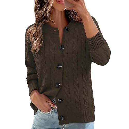 Ivicoer Cardigan Sweaters for Women Cable Knit Long Sleeve Open Front Cardigan Crewneck Trendy Clothes S-XL Coffee Brown Medium