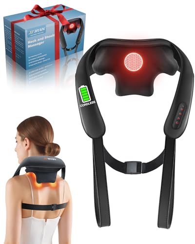 Neck and Shoulder Massager with Heat – Cordless Shiatsu Neck Massager for Pain Relief Deep Tissue - Adjustable Speed & Modes Kneading Massage for Back - Gift for Men Women