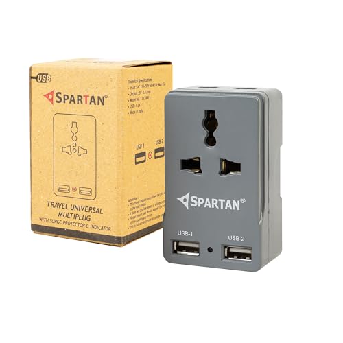 Image of Spartan 3 Pin All Multiplug Charger /Travel Adapter, 10A Power Sockets / 2Pin & 3Pin Socket Adapter with Dual USB Charging Port (Grey, Pack of 1)