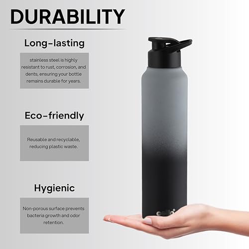 Image of CELLO Aqua Pro Max Stainless Steel Water Bottle 1000 ml Black & Grey | ISI Certified Single Wall Rust & Leakproof Fridge Safe Stylish Easy Grip Colorful Steel Water Bottle For Office & Daily Use