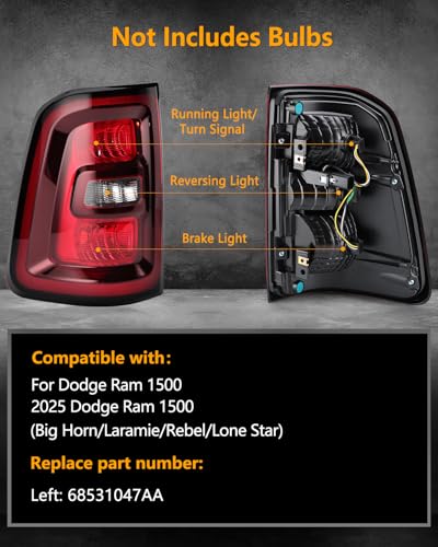 Image of OKLPF Rear Brake Tail Lights Assembly Compatible With 2025 Dodge Ram 1500 Replace 68531047AA 68531048AA,Included Bulbs and Harness,Replacement Red Taillights Assembly, Left Driver Side
