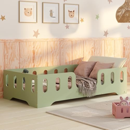 smartwood Bodenbett 140x200 Grün - Montessori Kinderbett aus Holz mit FSC-Zertifikat TILA 2 mit Rausfallschutz & Lattenrost bis 300kg belastbar - Einfache Montage