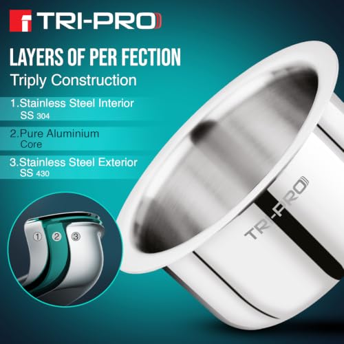 Image of Bergner TriPro Triply Stainless Steel 3 Pcs Tope Set - 16cm (1.8L), 18cm (2.5L) and 20cm (3.5L), Even Heating, Flared Rim, Healthy Cooking, Topes for Cooking, Serving and Storing - Induction Bottom