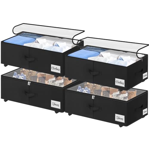 Image of Under Bed Storage with Wheels, 4-Pack 10 inch Height XXL 75L Rolling Storage Bins, Quick Assembly Underbed Shoe Storage Containers with Clear Lid & Label, Dorm Under Bed Drawers for Clothes, Shoes, Black