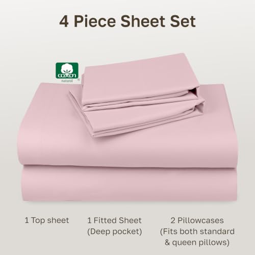 Image of California Design Den Queen Sheet Set - Natural 100% Cotton Bed Sheets Queen Size Bed Set with Deep Pockets, Soft Sateen Weave, Breathable and Durable Bedding (Pink)