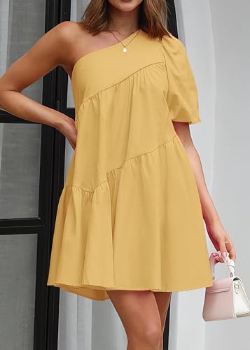Image of KIRUNDO Summer One Shoulder Mini Baby Doll Dresses Women 2026 Casual Puff Sleeve Loose Tiered A Line Flowy Short Dress