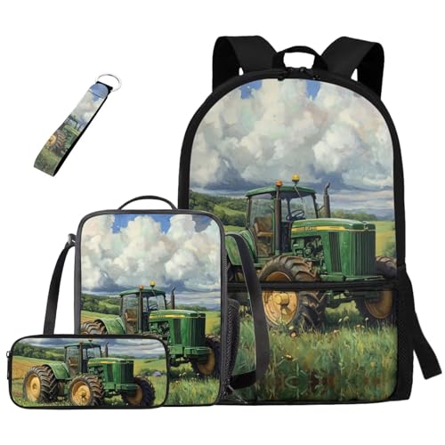 Gomyblomy Tractor Backpack with Lunch Box for Kids 12-14 Lightweight Bookbag for Boys Girls with Lunch Bags Pencil Case Keychain 4 in1 Set Teens School Bag for Elementary Middle School
