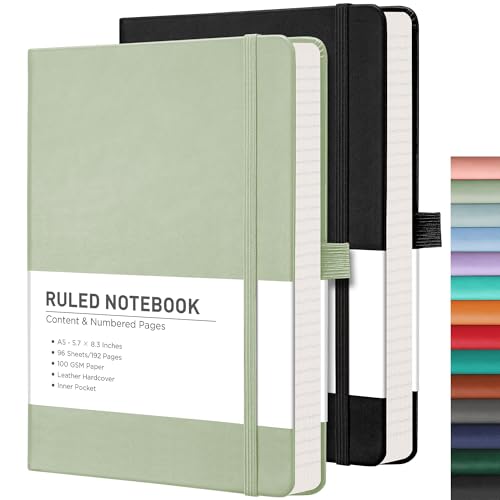 RETTACY Lined Journal Notebook, 2-Pack, 192 Numbered Pages per Pack, A5 Medium Size (5.7'' x 8.3''), for Men & Women, Writing, Work, Leather Hardcover, 100 GSM Thick Paper (Black & Light Green)