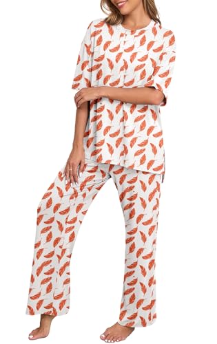 Image of PrinStory Womens Pajamas Sets 2 Piece Lounge Set Short Sleeve Tops and Long Pants Soft Pjs Loungewear with Pockets