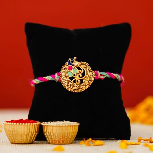 Image of eCraftIndia Peacock Designer Rakhi for Brother with Roli Chawal Pack | Mor Pankh Rakhi for Bhaiya Bhai