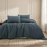 CYC Atelier 100% Cotton Muslin Duvet Cover Set – Double Gauze Lightweight Breathable Bedding, Soft Washed Texture, Button Closure, Includes Pillow Shams (Navy, Queen 86'x86')