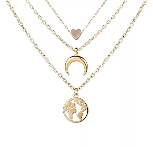 Vembley Gorgeous Gold Plated Triple Layered Heart Moon and Earth Pendant Necklace for Women and Girls (B09BR7DCGT) Amazon Price History, Amazon Price Tracker