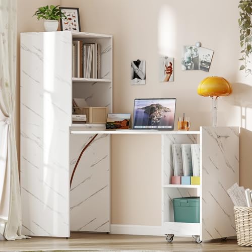 Zevemomo Folding Desk with Storage, Convertible Table with Shelves & Wheels, Craft Cabinet with Fold Out Table, Compact Computer Desk for Small Space, Reversible L Shaped Desk - White Marble