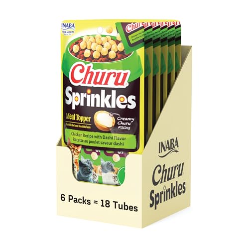 INABA Churu Sprinkles for Cat Soft & Chewy Churu Filled Baked Chicken Cat Treat Meal Topper with Vitamin E and Green Tea Extract 1.05 oz. per Pack 18 Packs Total Chicken Recipe with Dashi Flavor