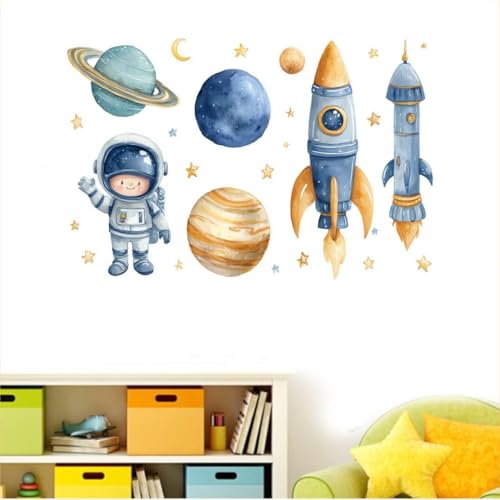 Image of Space Theme Wall Sticker for Kids Room | Astronaut, Rocket & Planet Self Adhesive Wall Decal | Peel & Stick Nursery, Bedroom & Playroom Decoration