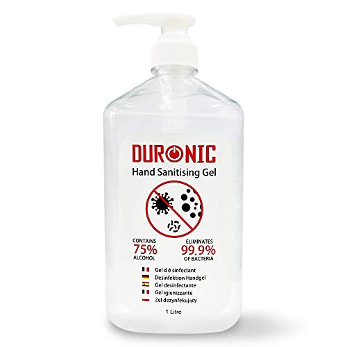 Duronic Hand Sanitiser Gel S1000ML | 1000ml Bottle u0096 Large 1 Litre Jumbo Size | 75% Alcohol | Kills 99.9% Bacteria | Anti-bacterial | Fast Drying | Fragrance-Free Formula