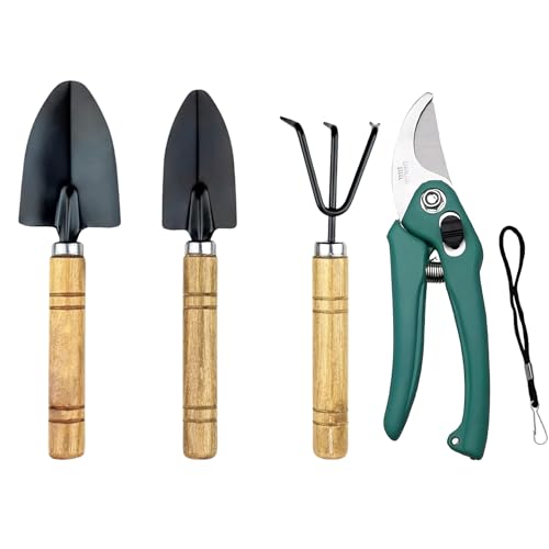 Image of Gardening Wooden Tools Combo - Flower Cutter /Pruner /Gardening Claw Gloves /Hand Cultivator, Big Trowel, Garden Fork (Wooden Tool+ M.Color Pruner)