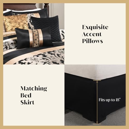 Image of CozyDH Black and Gold Jacquard Comforter Set - 7 Piece King Luxury Damask Patchwork Design, All Season Down Alternative Bedding with Bed Skirt, Shams, Decorative Pillows, 104x90 in
