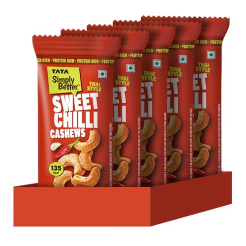 Image of Tata Simply Better Thai Style Sweet Chilli Cashews, 23g (Pack of 5), Rich in Protein, Delicious Kaju Nuts, Party Snack, Ready To Eat Snack, No Palm Oil, No Trans Fat